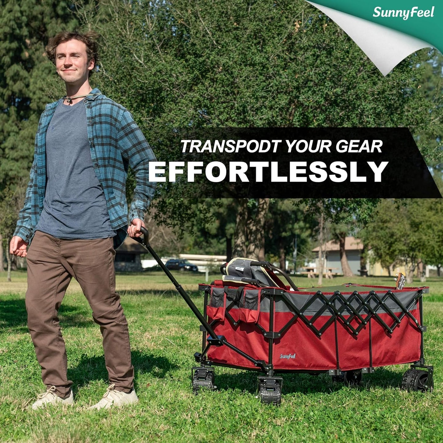 SUNNYFEEL 49''L 550lbs Heavy Duty Wagon Cart Foldable with Wheels,Extra Long Fold Up Wagons Carts with Side Pocket and Brakes for Camping Sports Garden Shopping (Red)