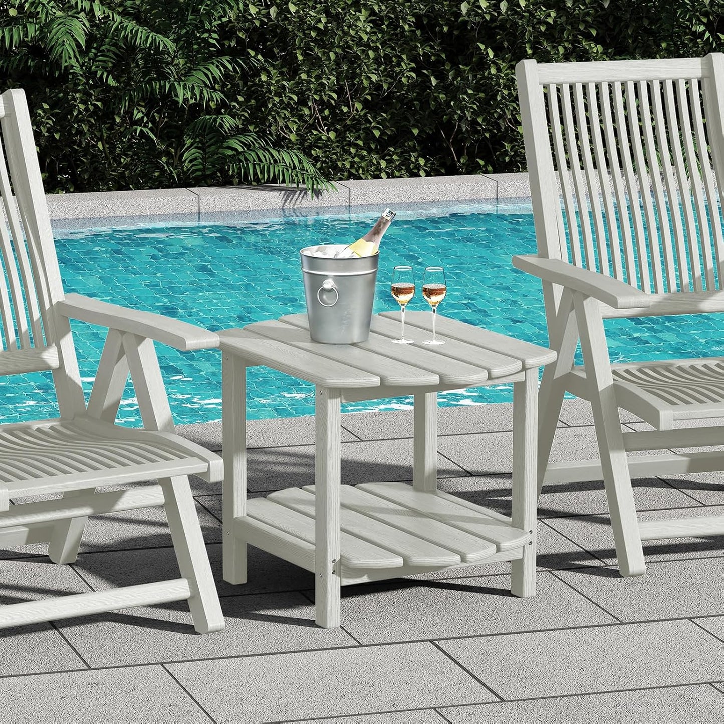 Small Outdoor Side Tables Modern 2-Tier Adirondack Table Rustic End Table HDPE Storage Shelf Industrial Corner Rectangle Coffee Table for Patio Garden Balcony Backyard Pool Farmhouse Home White