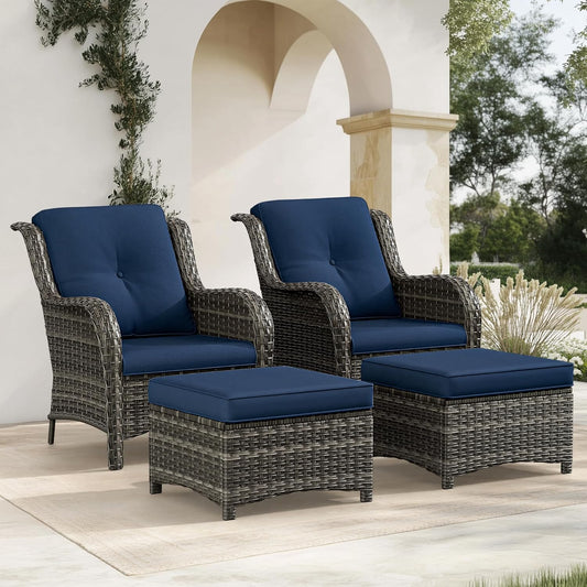 4 Pieces Patio Conversation Set, Wicker Chairs Set of 2 and Two Ottomans with 3.5-inch Seat Cushions, High Back and Curved Armrest for Backyard, Balcony and Deck, Blue
