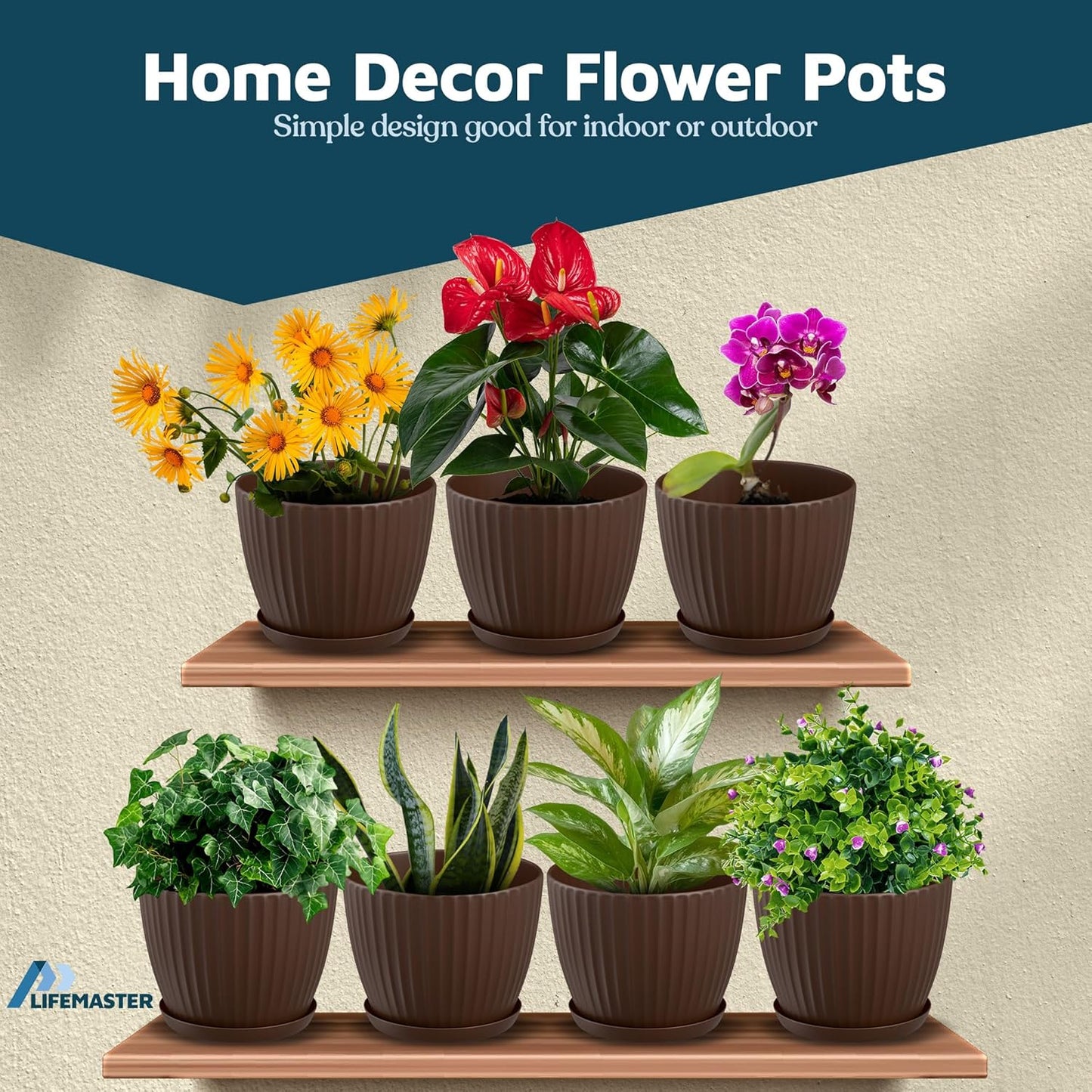 Brown 6-Inch Plant Pots with Drainage & Saucers 3 Pack, Indoor & Outdoor Planters for Houseplants, Herbs, and Flowers, Durable & Weatherproof Material, Stackable, Lightweight, Minimalist Design