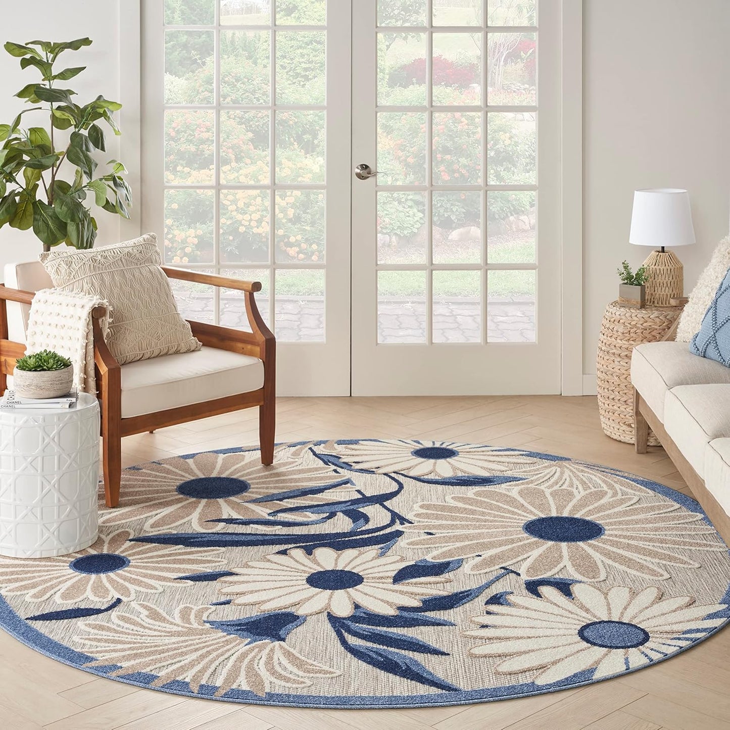 Nourison Home Aloha Outdoor Blue Grey 5'3" x Round Area Rug, Easy Cleaning, Non Shedding, Bed Room, Living Room, Dining Room, Deck, Backyard, Patio (5 Round)