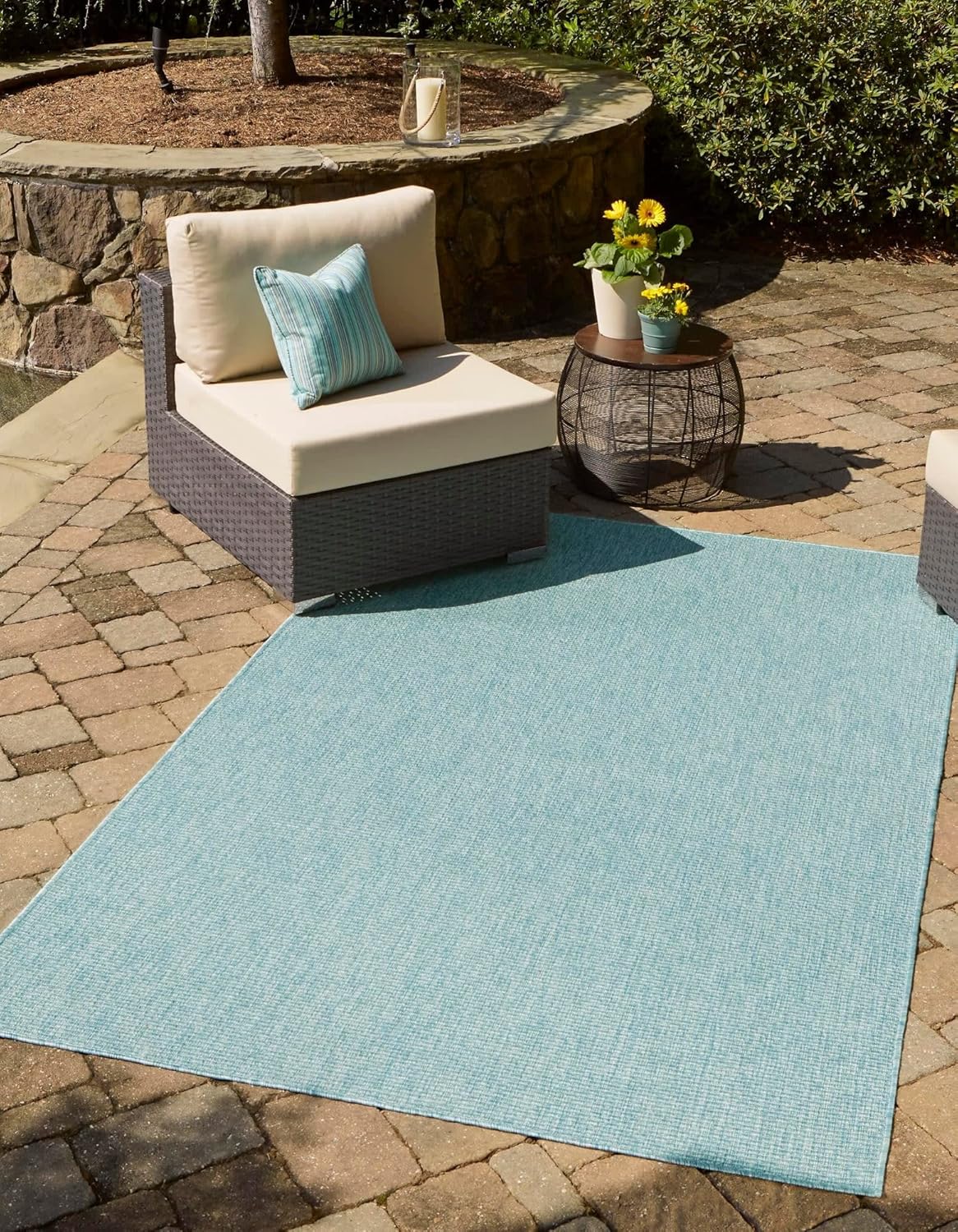 Unique Loom Collection Casual Transitional Solid Heathered Indoor/Outdoor Flatweave Area Rug (6' 1" x 9' Rectangle, Aquamarine/Ivory)