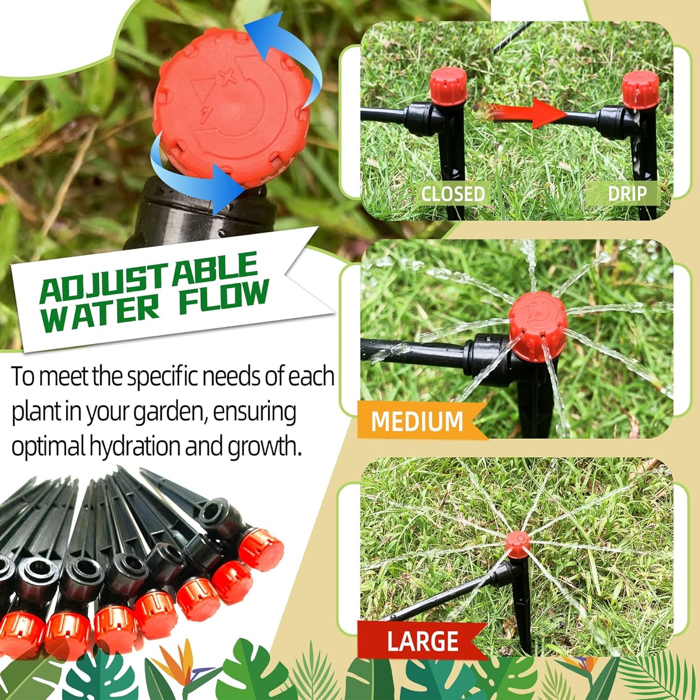 30PCS Push-to-Fit Drip Irrigation Emitters for 1/4 inch Irrigation Tubing, Adjustable 360 Degree Drip Emitter Sprayer with Stake, Irrigation Dripper Sprinklers for Drip Irrigation System