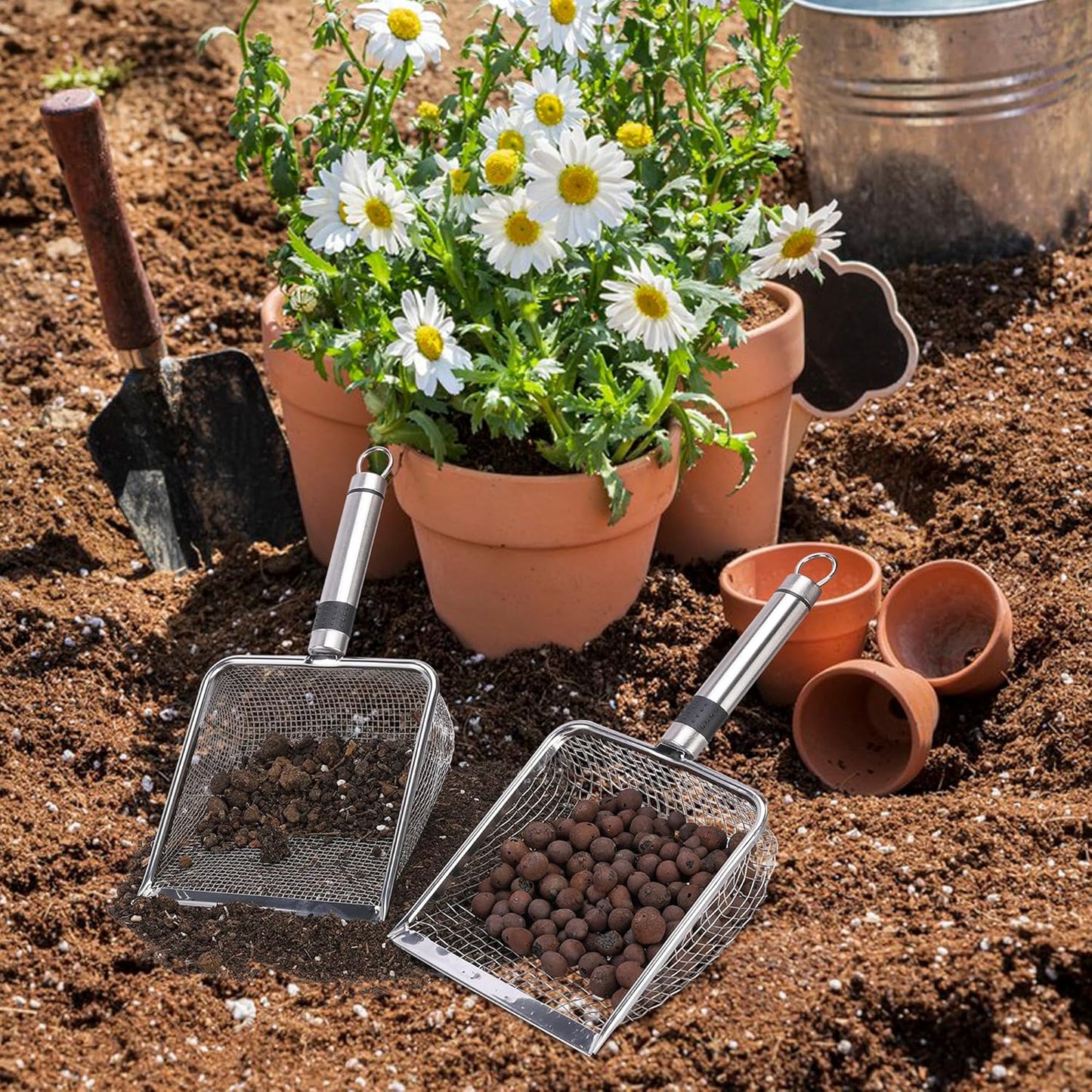 Adnee 4 Pcs Gardening Soil Sifter-5" W Garden Sieve Sifter with Handle (2/2.8/3.8/5 mm Mesh)-Portable Gardening Sifter for Gradening Sand Soil Dirt Compost