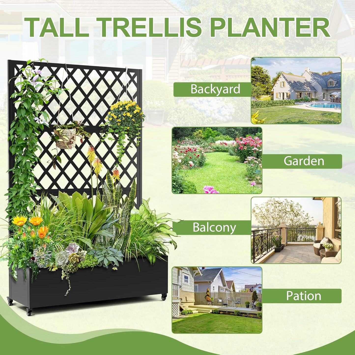 Metal Planter Trellis Box with Wheels & Drain Plug Outdoor Raised Garden Bed Patio Privacy Screen with Planter for Climbing Plants, Vegetables 73"x47"x16" Black-Diamond