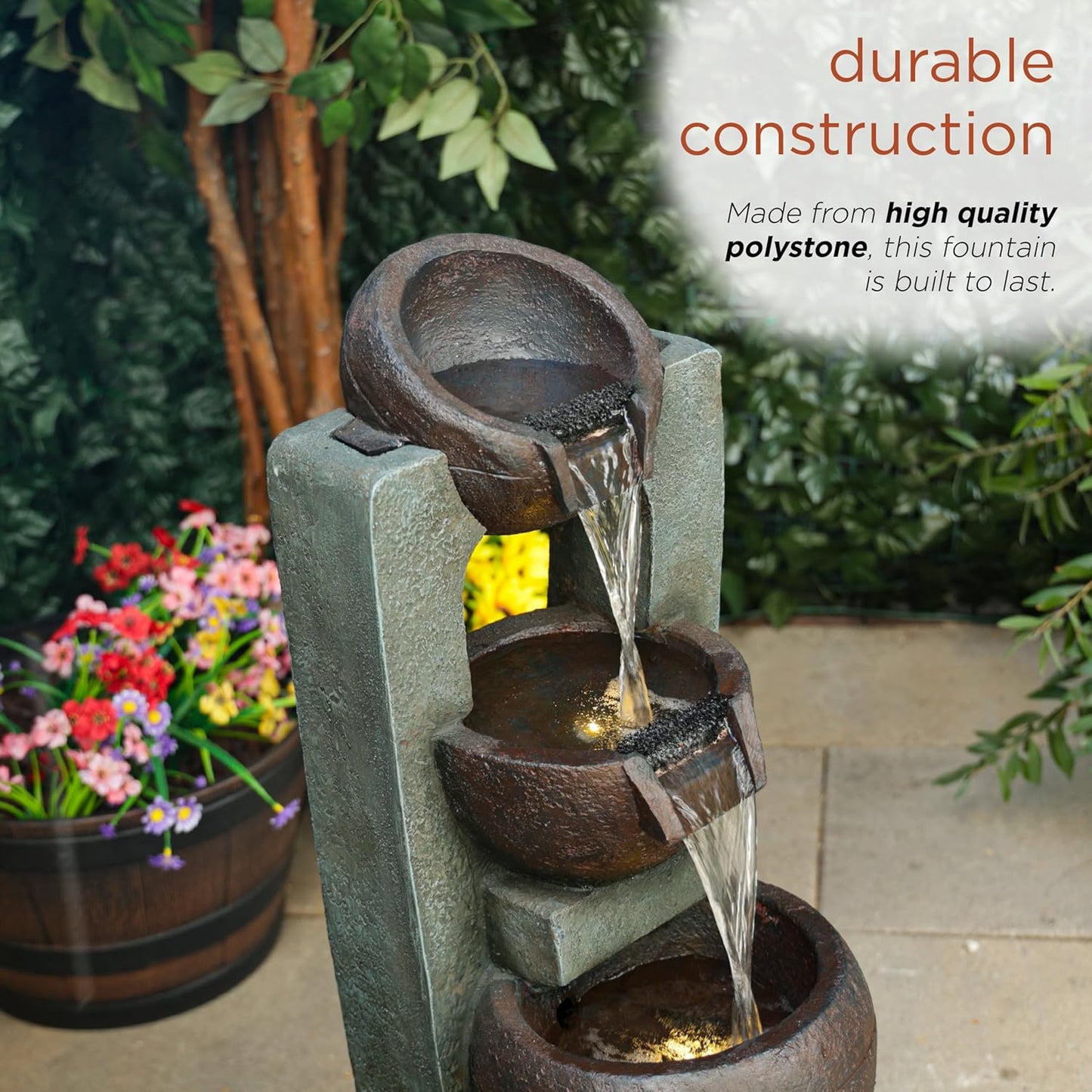 Alpine Corporation TZL400 34" 3 Tier Basin Cascading Fountain with LED Lights, Elegant Outdoor Water Feature for Garden, Patio, Yard & Outdoor Spaces, Relaxing Waterfall Fountain, Gray