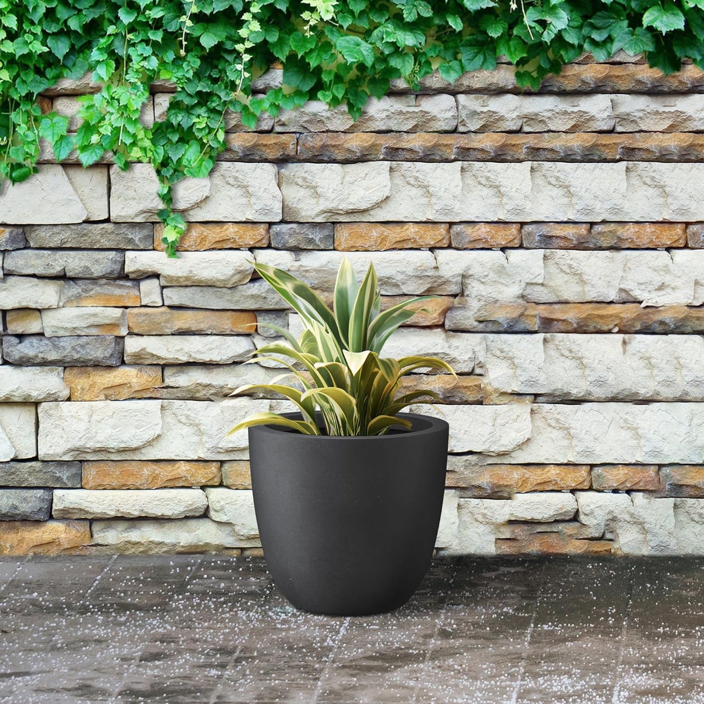 Kante 10 Inch Dia Round Concrete Planter, Indoor Outdoor Large Plant Pot with Drainage Hole and Rubber Plug for Home Patio Garden, Black