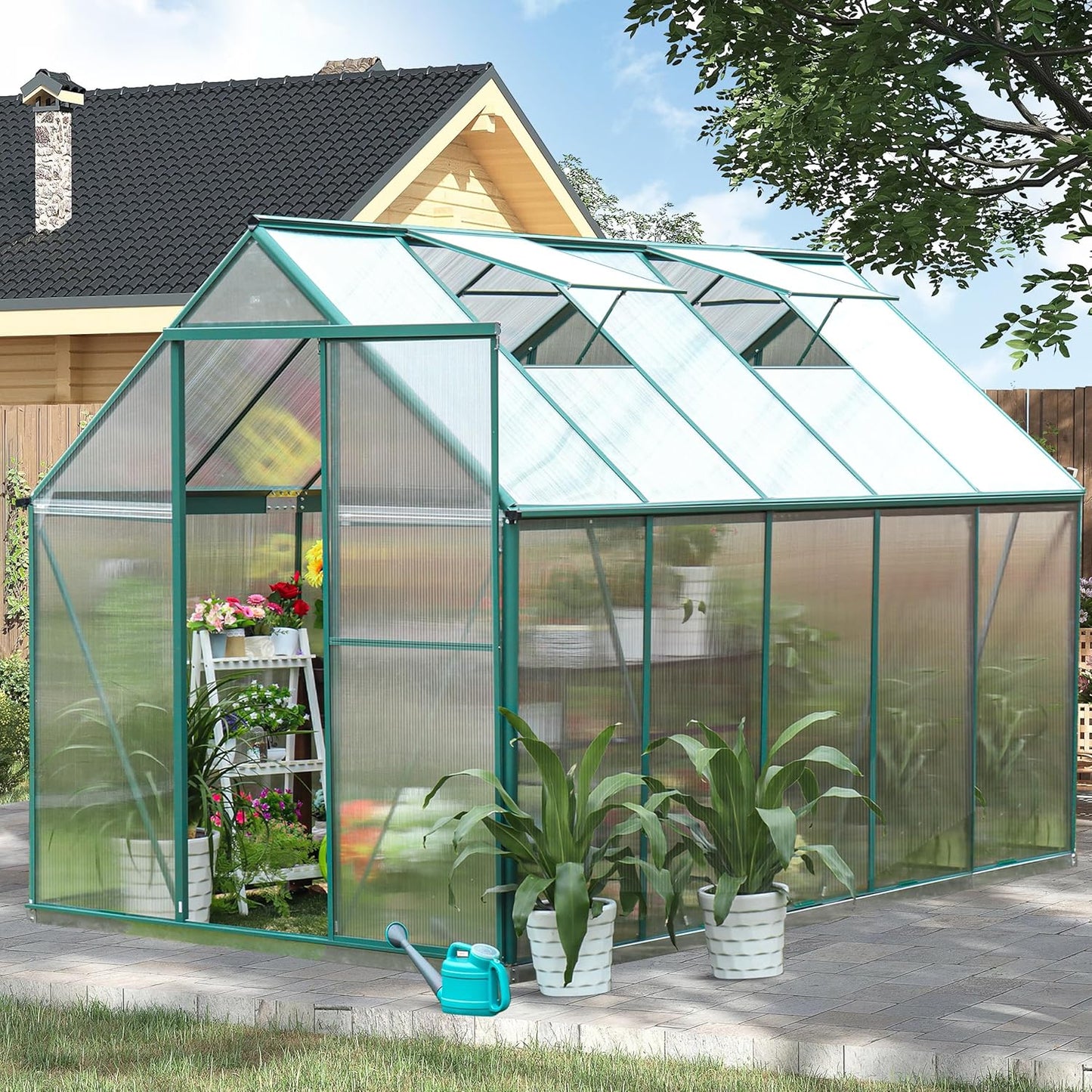 CDCASA 10.2x6.2 FT Greenhouse, Polycarbonate Greenhouses Heavy Duty Aluminum Greenhouse for Outdoors w/ Lockable Doors & 2 Vent Window Walk-in Green House Sunroom for Outside Backyard, Green