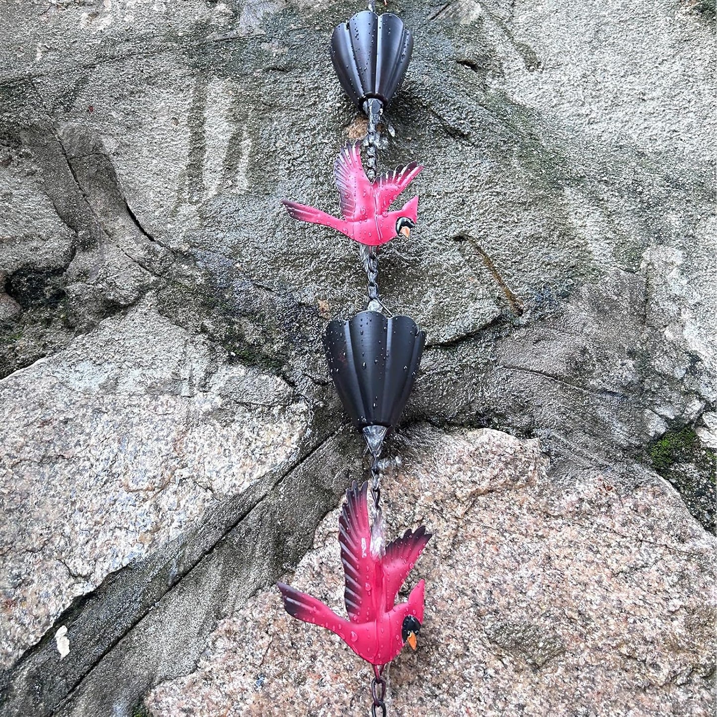 Cardinal Rain Chain, 8.5Ft Rain Chains for Gutters and Downspouts, Metal Decorative Rain Catcher Chain, Bird and Cup Rainwater Gutter Chimes for Outside, Outdoor Garden Decor