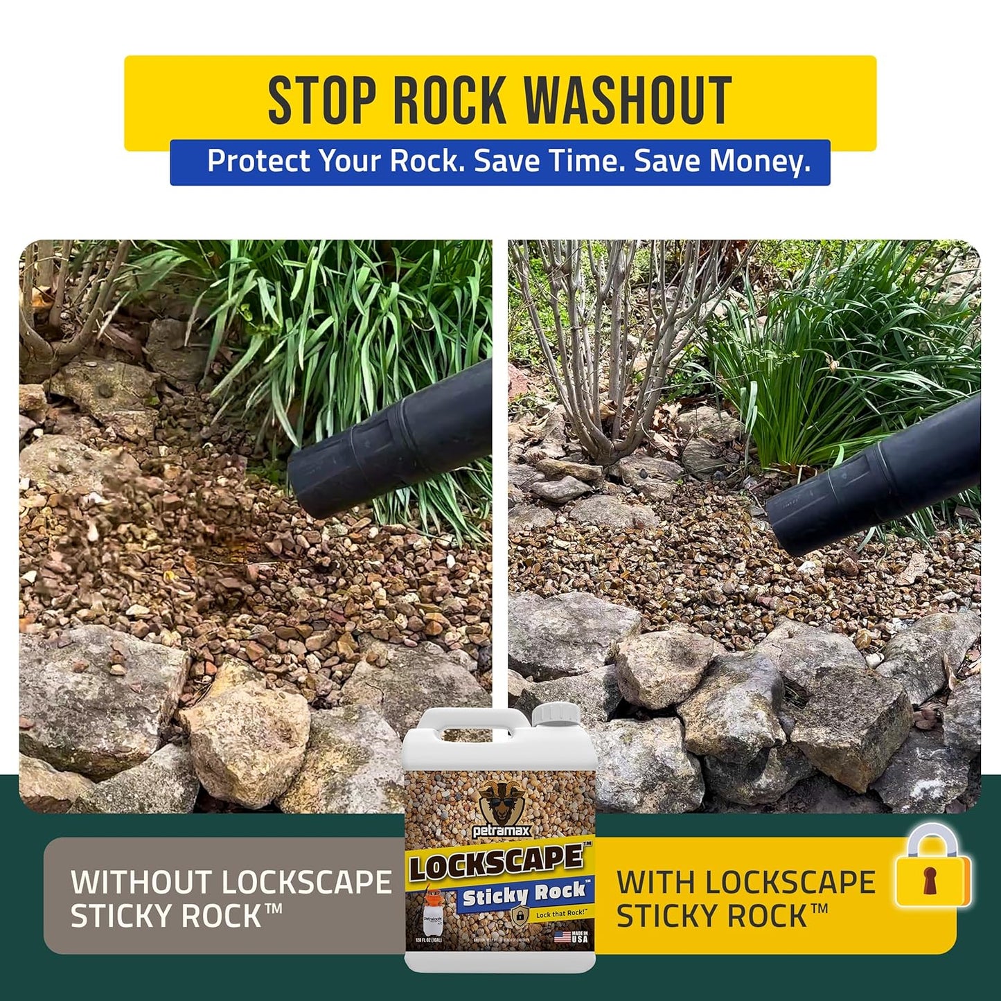Lockscape Sticky Rock or Sticky Mulch Glue for Landscaping with Sprayer 1 Gallon, Max Rock Glue for Landscape & PetraTools HD101 Bundle, Lockdown Gravel or Mulch for Landscaping Hold (Stone)