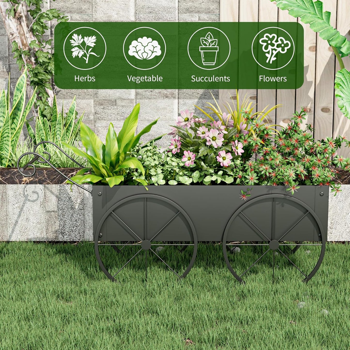 Small Raised Garden Bed Outdoor with Wagon Wheels, Metal Wagon Planter Box, Decorative Garden Planter for Flowers Herbs Vegetables, Flower Cart for Patio, Balcony (Black)