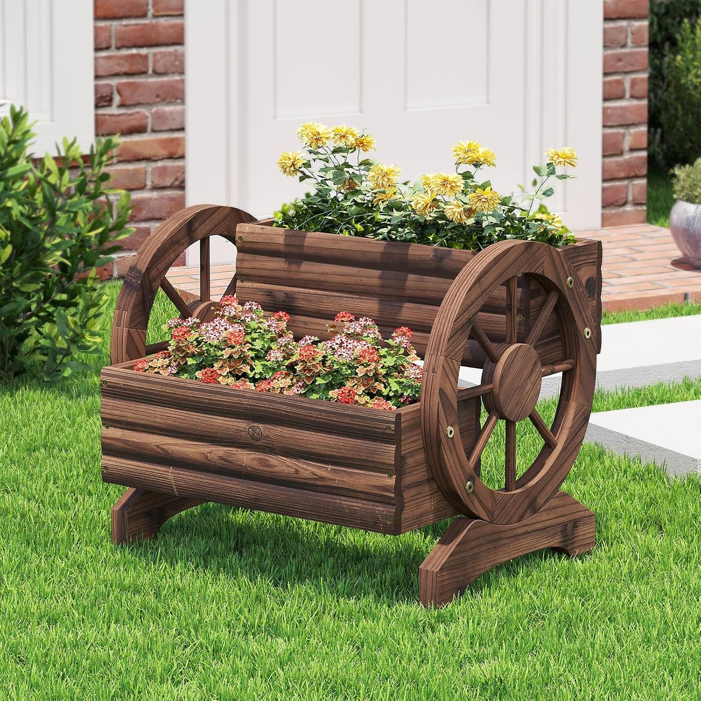 Wooden Flower Cart with Wheels Wooden Wagon Planter Outdoor Garden Planter, Decor Planter for Patio Balcony Decoration Succulent Flower Pot Flower Cart for Indoor Backyard Balcon Décor