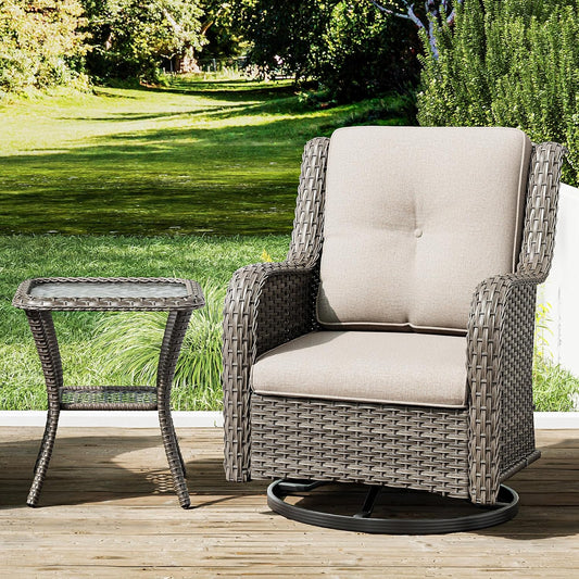 Joyside Outdoor Swivel Rocker Patio Chair and Matching Side Table - 2-Piece Wicker Patio Bistro Set with Premium Fabric Cushions(Brown Mixed with Grey/Beige)