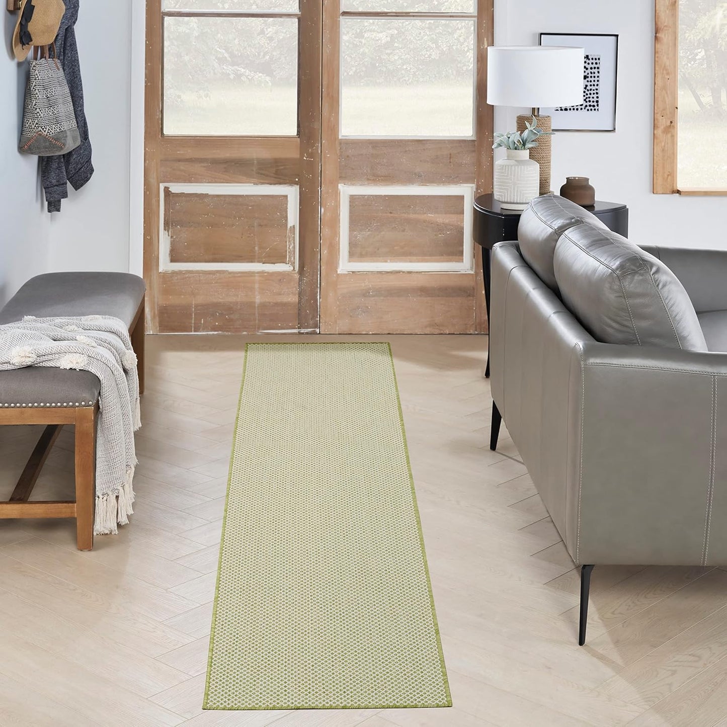 Nourison Home Courtyard Indoor/Outdoor Ivory Green 2'2" x 10' Area Rug, Easy Cleaning, Non Shedding, Bed Room, Living Room, Dining Room, Backyard, Deck, Patio (2x10)