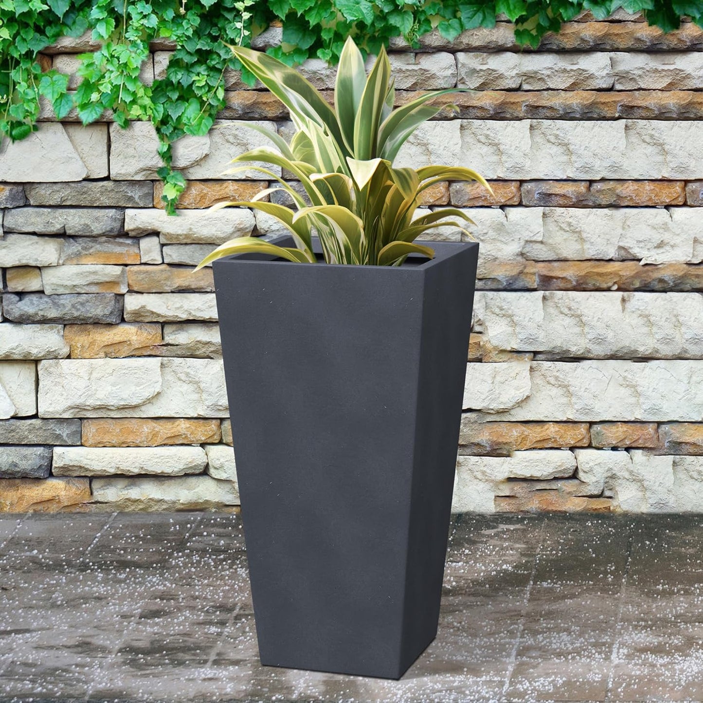 Kante 24.4 Inch Tall Tapered Concrete Planter, Modern Style Large Plant Pot with Drainage Hole and Rubber Plug for Patio, Backyard, Porch, Suitable for Indoor Outdoor Plants, Charcoal