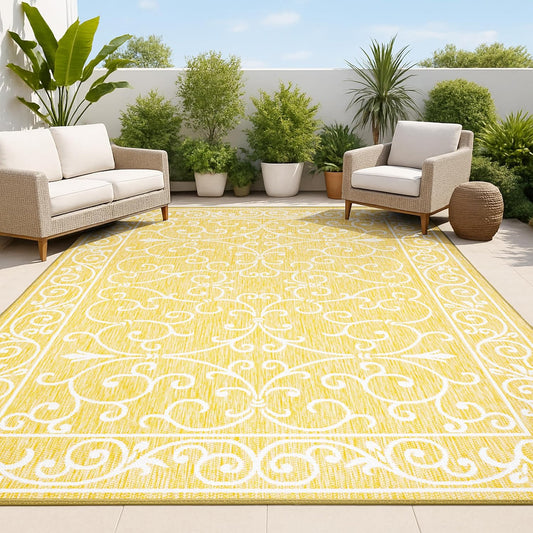 JONATHAN Y SMB106L-9 Charleston Vintage Filigree Textured Weave Indoor Outdoor Area Rug, Classic Traditional Easy-Cleaning,Bedroom,Kitchen,Backyard,Patio,Non Shedding, 9 X 12, Yellow/Cream