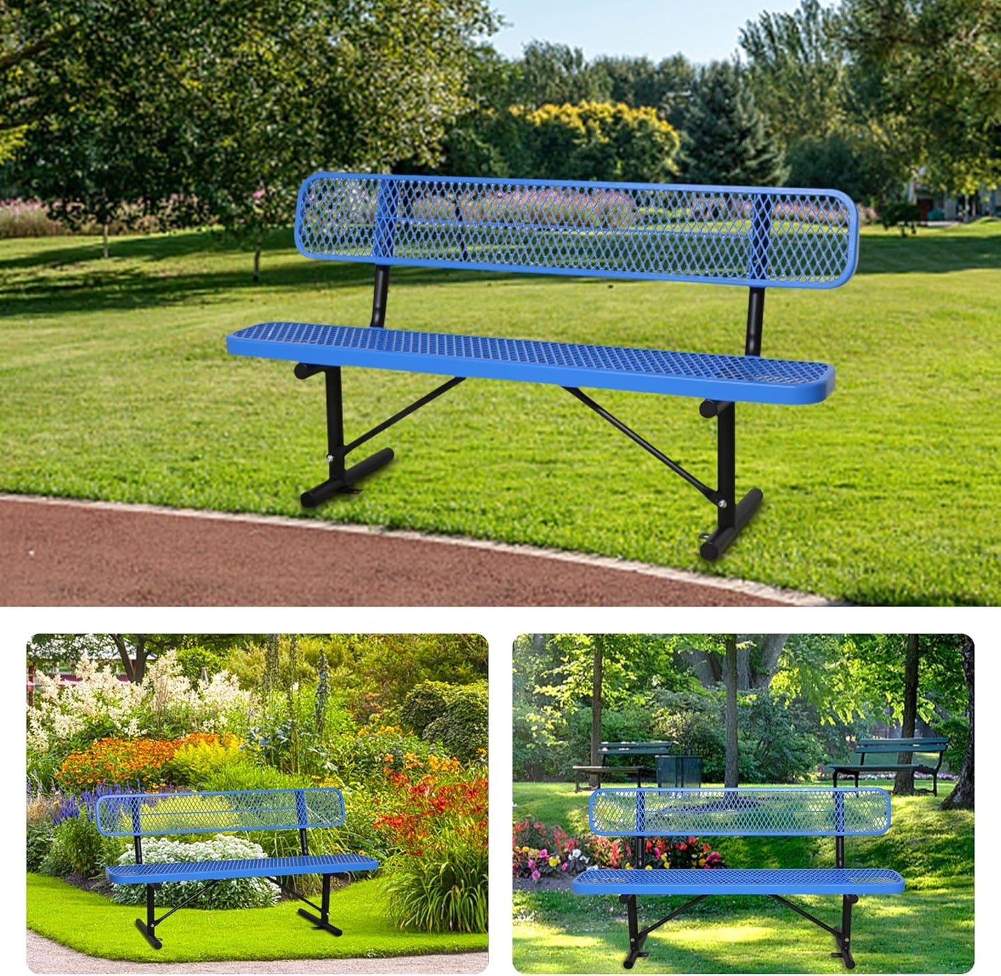 6FT Outdoor Benches Heavy Duty Park Bench with Back Portable Frame, Blue Metal Steel Bench, Outdoor Garden Bench Expanded Metal Mesh Bench for Lawn, Park, Deck, Garden, Patio, Porch, Black (Blue, 6FT)