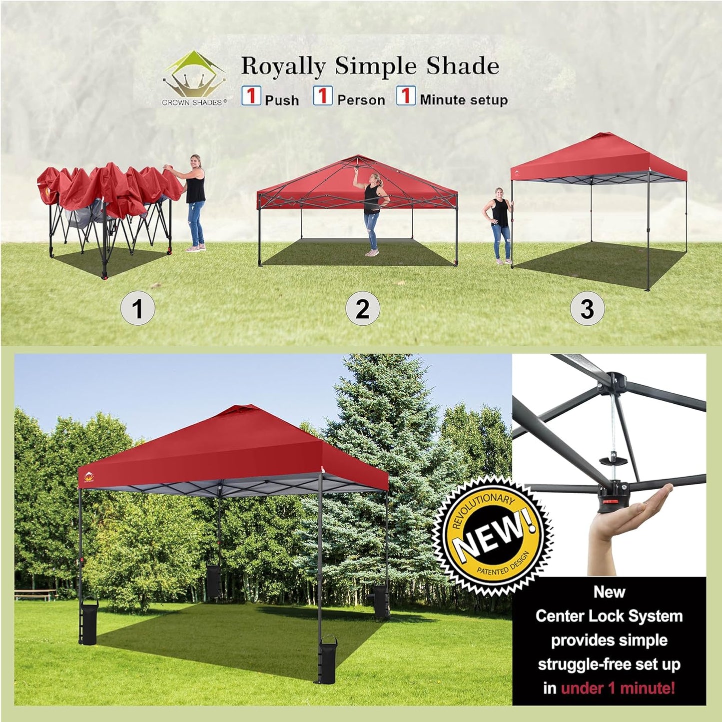 CROWN SHADES 10x10 Pop Up Canopy Tent - Patented Center Lock One Push Instant Outdoor Canopy Beach Tent with STO-N-Go Bag 8 Stakes & 4 Sand Bags，Red