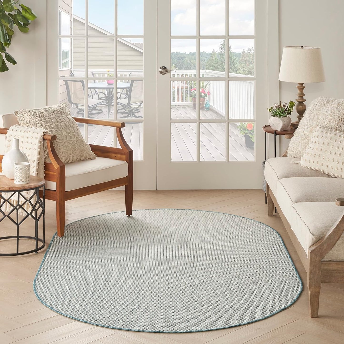 Nourison Home Courtyard Indoor/Outdoor Ivory/Aqua 5' x 8' Oval Area Rug, Easy Cleaning, Non Shedding, Bed Room, Living Room, Dining Room, Backyard, Deck, Patio (5x8 Oval)