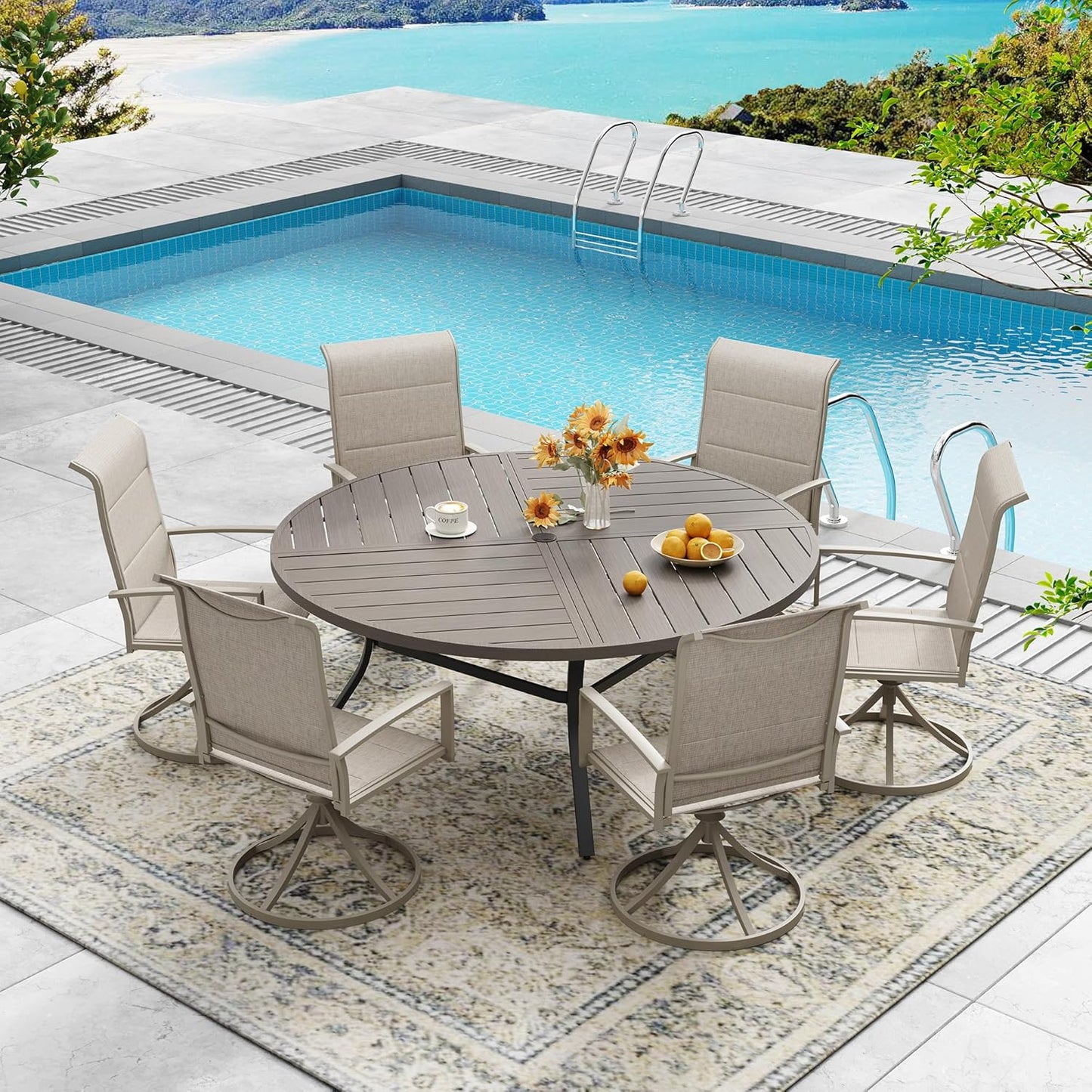 DIFY 53.1" Round Outdoor Patio Dining Table for 6-8, All-Weather Metal Steel Slatted Patio Table with 1.57" Adjustable Umbrella Hole, for Lawn Garden Porch Backyard, Grey Wood-Like