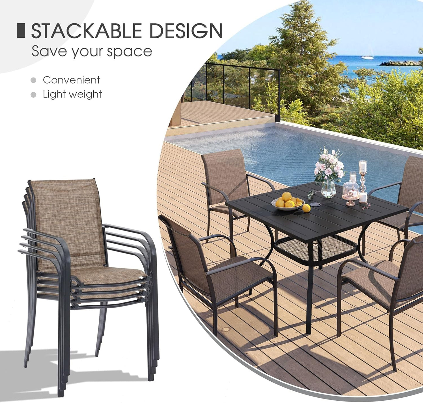 VICLLAX Patio Dining Set for 4, Outdoor Furniture Set Includes 41.2" Round Patio Table and 4 Patio Sling Chairs, Black Tabletop and Brown Fabric