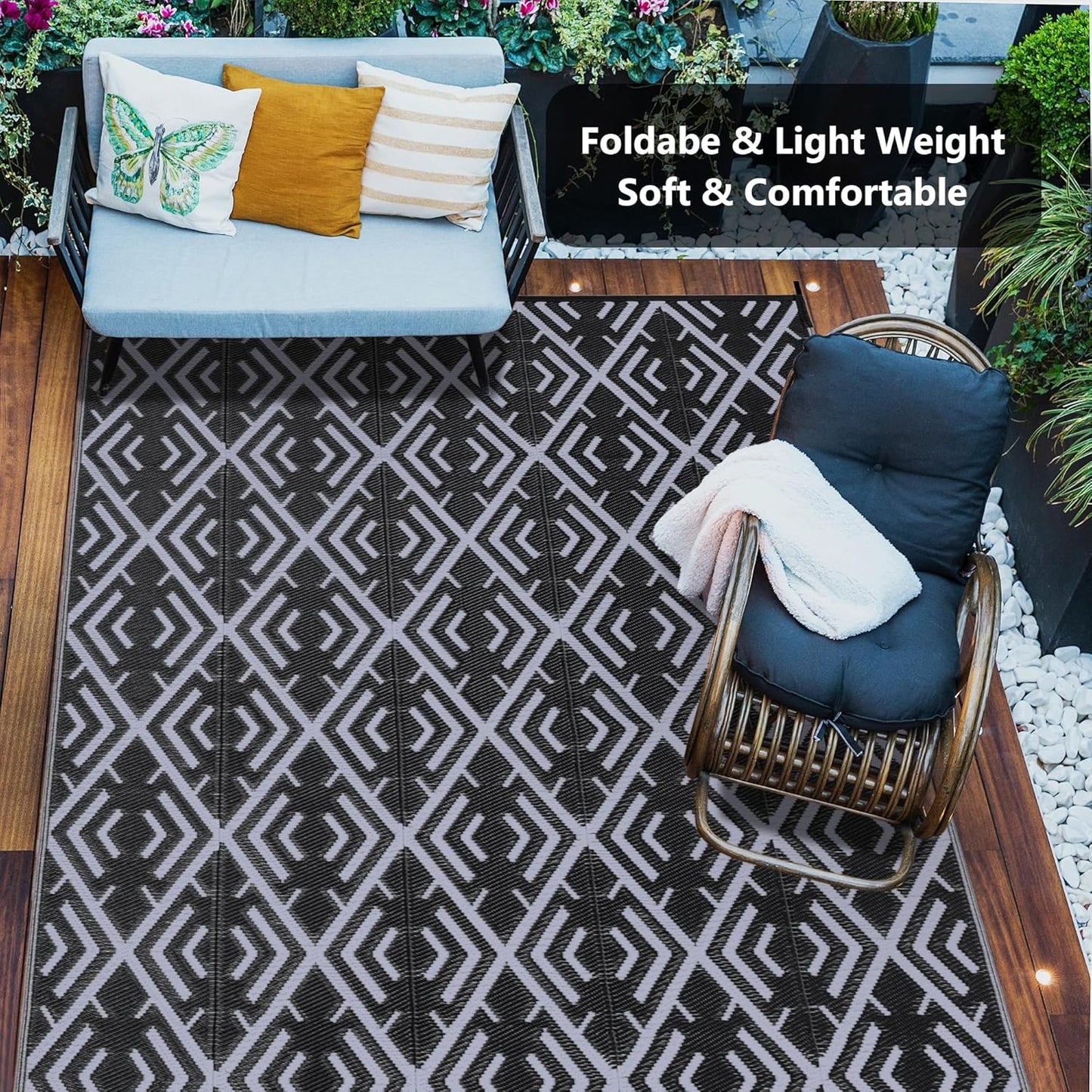 Outdoor Plastic Straw Rug, Waterproof Outdoor Rugs for Patios Clearance, Reversible Area Rug, Large Outside Carpet for Camping, Balcony, RV, Deck, Picnic, Beach (6x9ft Boho/Black&Grey)