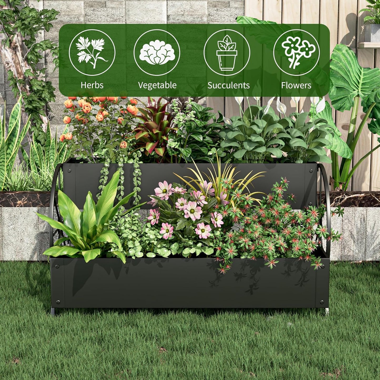 Metal Wagon Planter Box, 2-Tier Garden Planter with Wagon Wheels, Decorative Outdoor Planters for Flowers Herbs Vegetables, Flower Cart Small Raised Garden Bed for Patio, Balcony (Black)