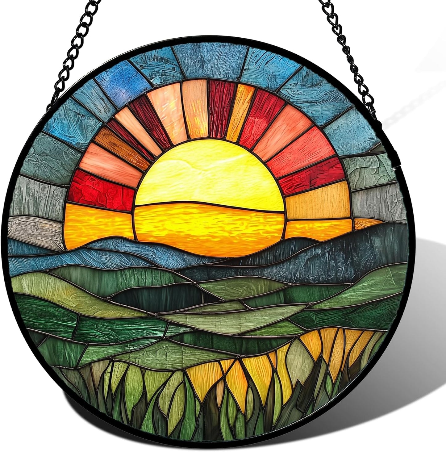 Stained Glass Window Hanging, Golden Red Sun Green Mountain Suncatcher for Window Home Decor Nature Landscape Sun Catcher Mother's Day Birthday Gifts for Women Men Mom Nana 9.8 in