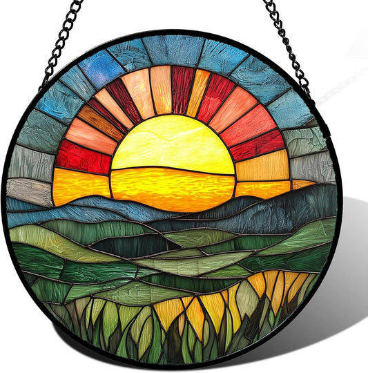 Stained Glass Window Hanging, Golden Red Sun Green Mountain Suncatcher for Window Home Decor Nature Landscape Sun Catcher Mother's Day Birthday Gifts for Women Men Mom Nana 15 in