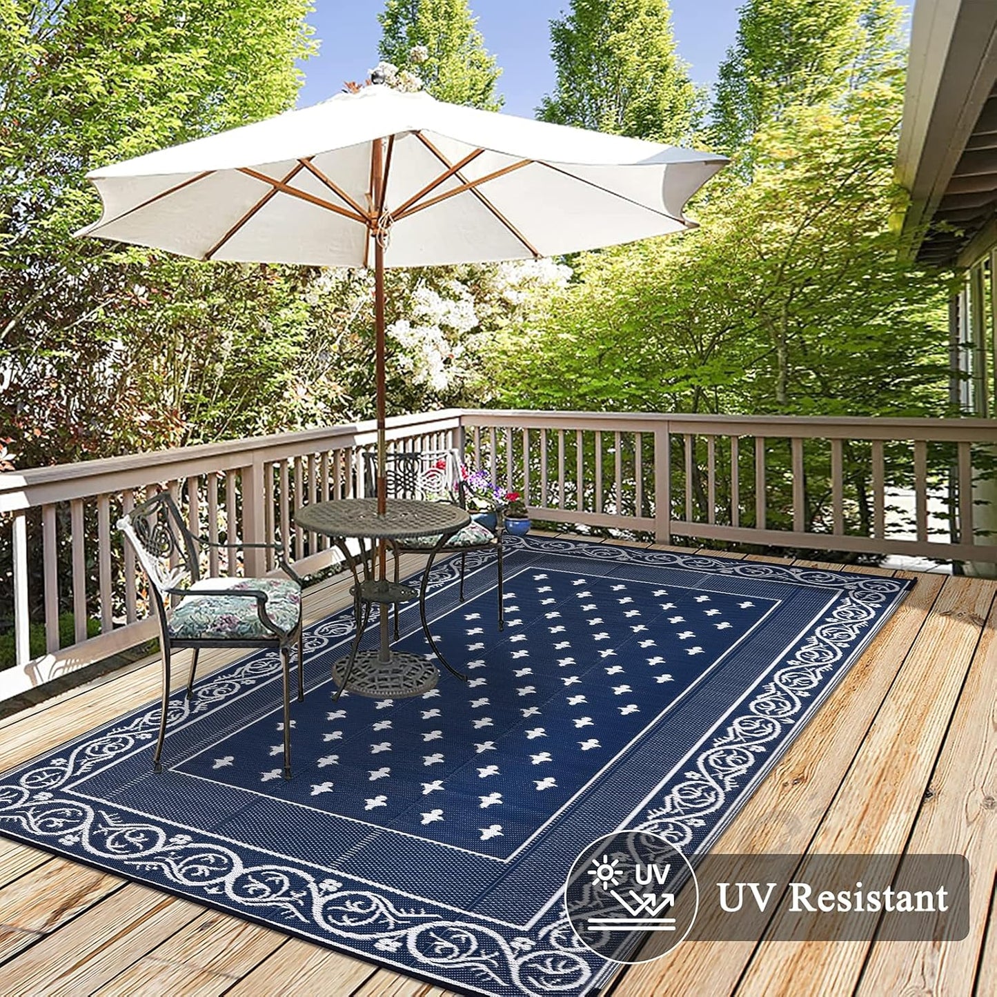 Pauwer Waterproof Outdoor Rug 8x10, Reversible Plastic Straw Patio Camping Rug, Indoor Outdoor RV Mat Carpet for Deck, Camper, Porch, Balcony, Backyard, Picnic, Bordered Navy