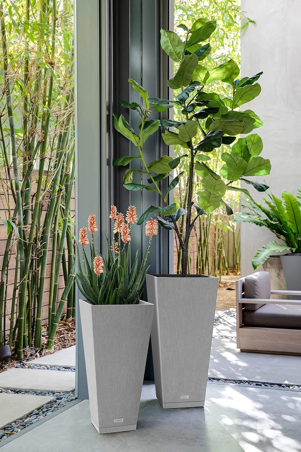 Veradek V-Resin Indoor/Outdoor Taper Planter (Gray, 26 inch - 2 Pack with 2 Saucer Trays)