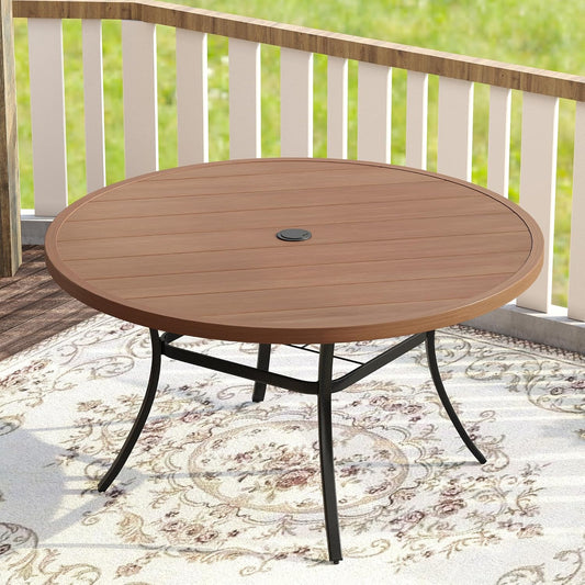 VICLLAX 53" Outdoor Round Patio Table for Lawn Garden, All Weather Metal Round Patio Dining Table with Adjustable Umbrella Hole, Patio Table for 8 Person, Walnut Tabletop
