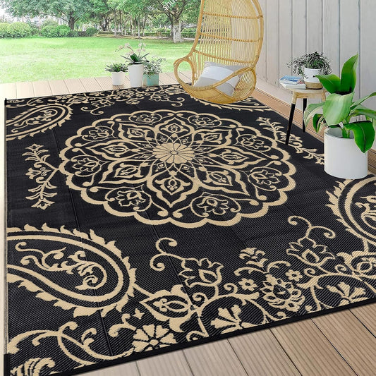 Pauwer Waterproof Outdoor Rug 6x9, Reversible Plastic Straw Patio Camping Rug, Indoor Outdoor RV Mat Carpet for Deck, Camper, Porch, Balcony, Backyard, Picnic, Boho Black Brown