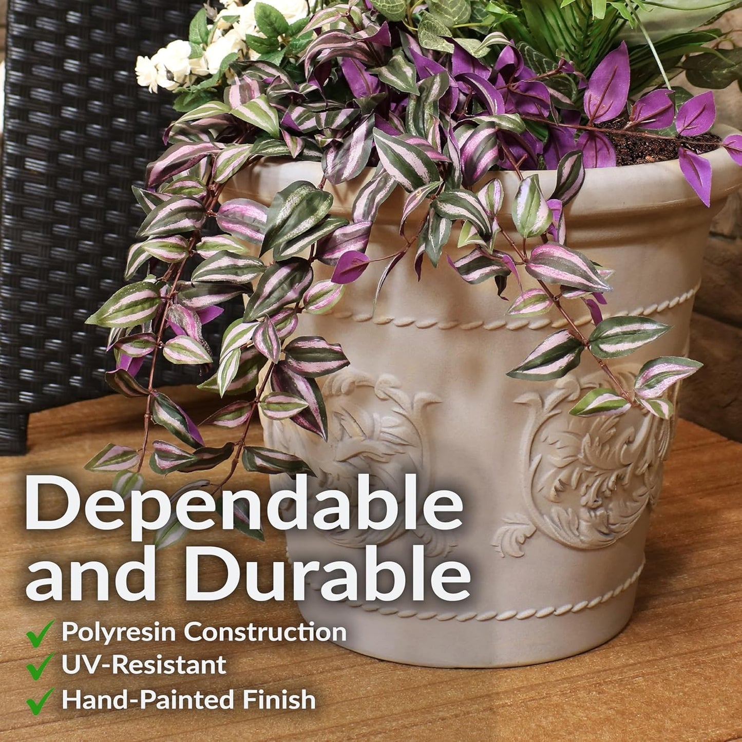 Sunnydaze 19.5-Inch Arabella Large Plant Pot - Polyresin Round Outdoor Planter with Drillable Drainage Holes - 2 Pack - Beige