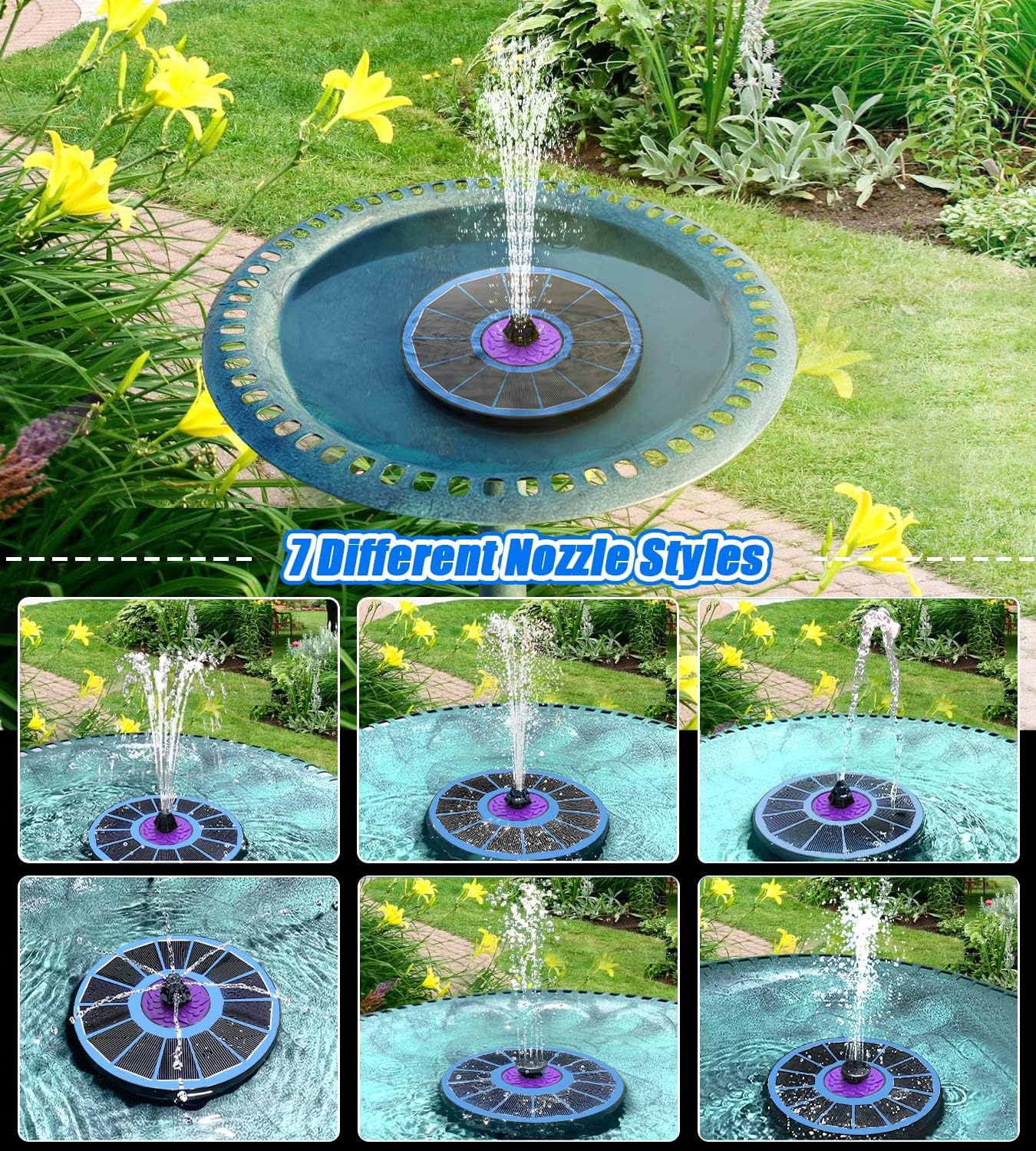 SZMP Solar Fountain 3.5W Bird Bath Fountains with Flower Upgraded Glass Panel, Solar Powered Water Fountain with 7 Nozzle & 4 Fixer, Solar Fountain Pump for Bird Bath, Garden, Pond, Pool (Blue)