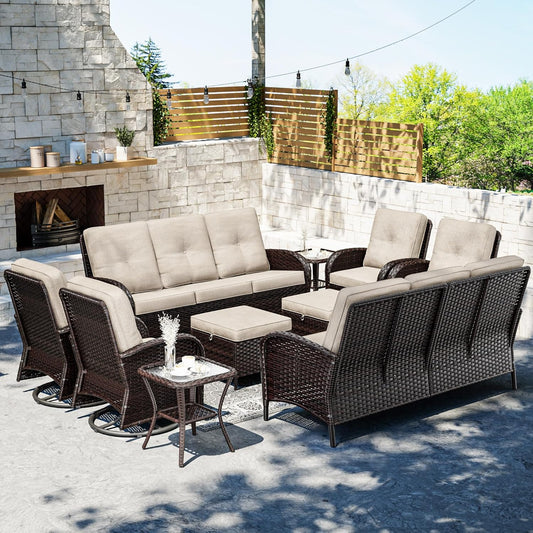 Joyside 10 Piece Patio Furniture Set, Outdoor Wicker Conversation Sets with Swivel Rocker Chairs and Sofa, Thick Cushion, Rattan Patio Sectional for Porch, Deck Use (Brown/Beige, 10 PCS)
