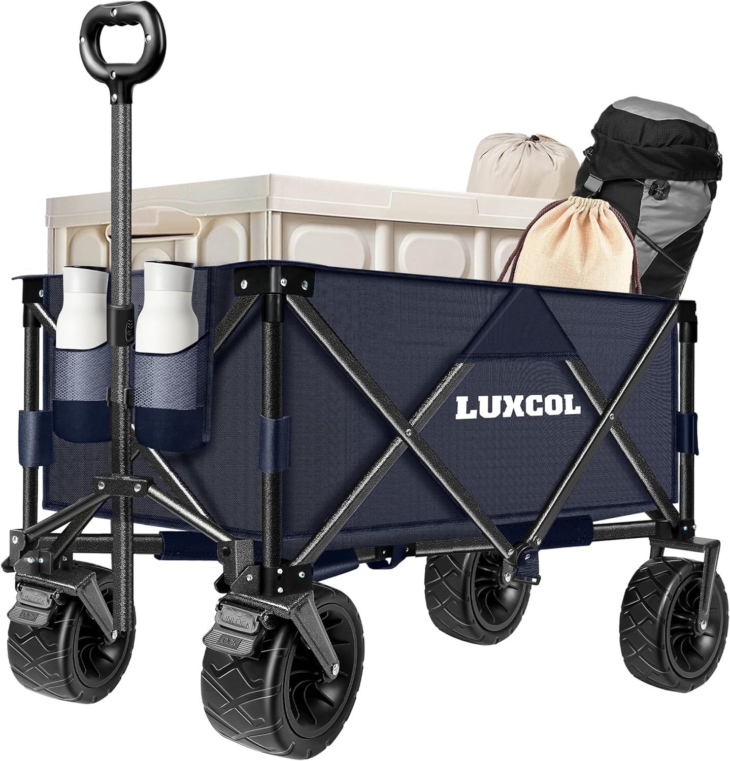 LUXCOL Collapsible Folding Wagon, Heavy Duty Utility Beach Wagon Cart for Sand with Big Wheels, Adjustable Handle&Drink Holders for Shopping, Camping,Garden and Outdoor Dark Blue