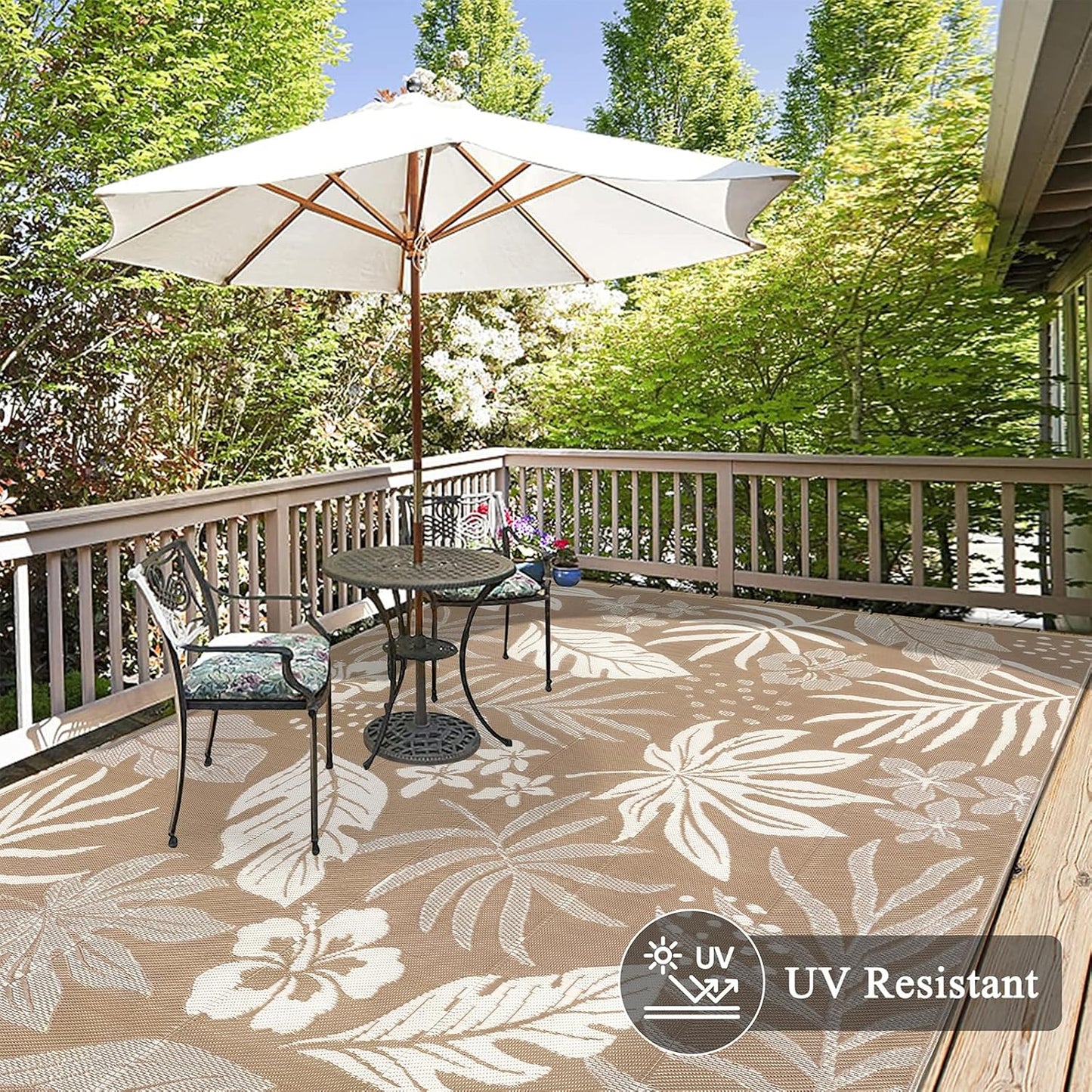 Pauwer Waterproof Outdoor Rug 9x12, Reversible Plastic Straw Patio Camping Rug, Indoor Outdoor RV Mat Carpet for Deck, Camper, Porch, Balcony, Backyard, Picnic, Floral Brown