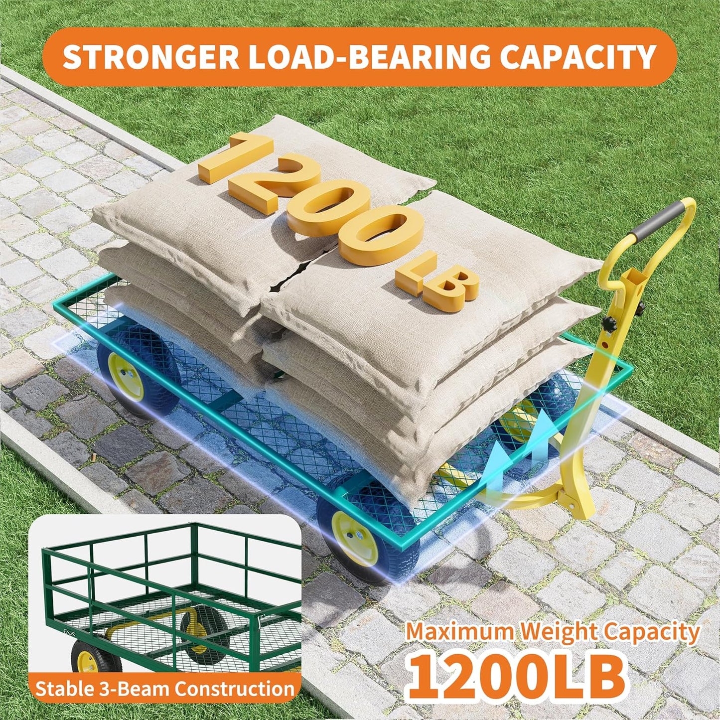 3-in-1 Heavy-Duty Steel Garden Cart, 1200 Lbs Garden Wagon, with 13 Inch All-Terrain Tires and Removable Mesh Side Panels, 180° Rotating Handle, Metal Utility Yard Trailer, Outdoor Gardens Wagon Cart