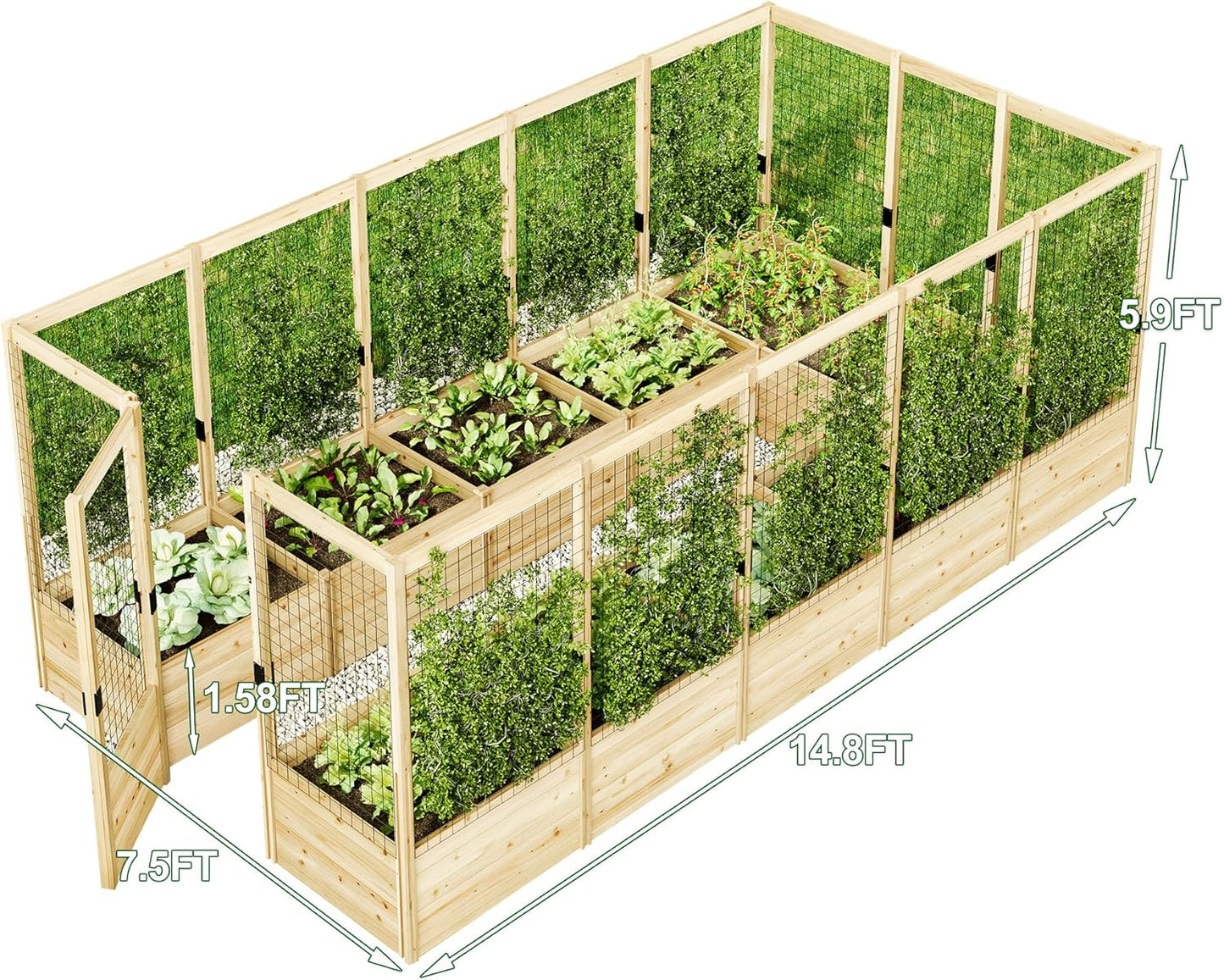 AMERLIFE U-Shaped Raised Garden Bed with Deer Proof Fence, 7.5Wx15Dx6H Outdoor Wooden Raised Garden Bed Planter with 19" Depth Planter Box