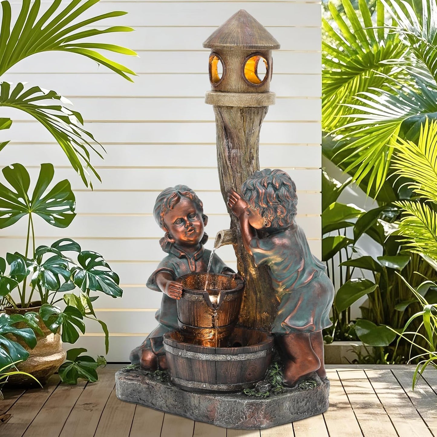 31" Resin Outdoor Water Fountain with LED Lights, Boy and Girl, Pagoda and Wood Barrel Garden Fountain, 3-Tier Cascading Waterfall for Tranquil Backyard, Patio or Porch, Faux Bronze Finish