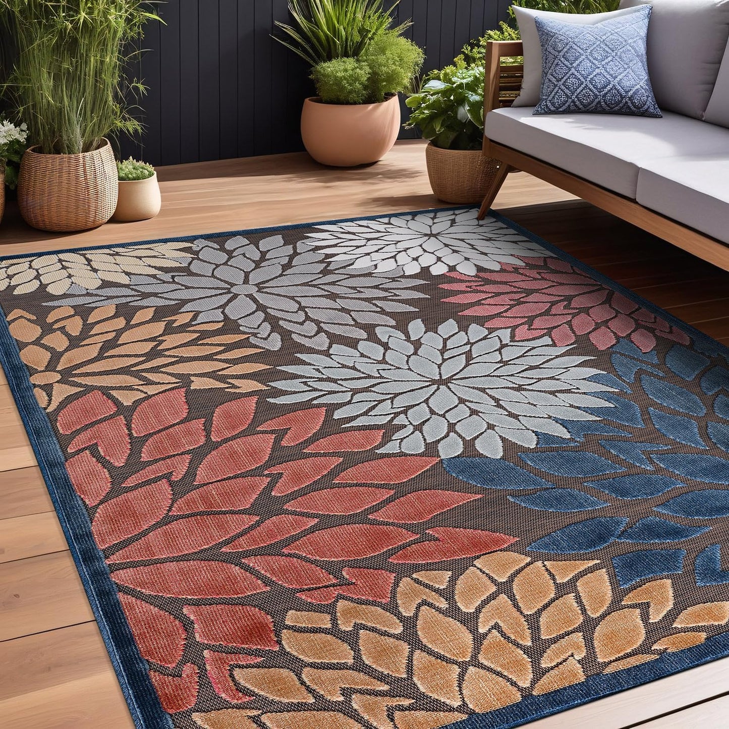 Beverly Rug Outdoor Rug 9x12 Large Modern Floral Tropical Area Rugs for Indoor and Outdoor Patio Easy to Clean Non Shedding Living Room Porch Garden Washable Outside Carpet (9 x 12 Brown)