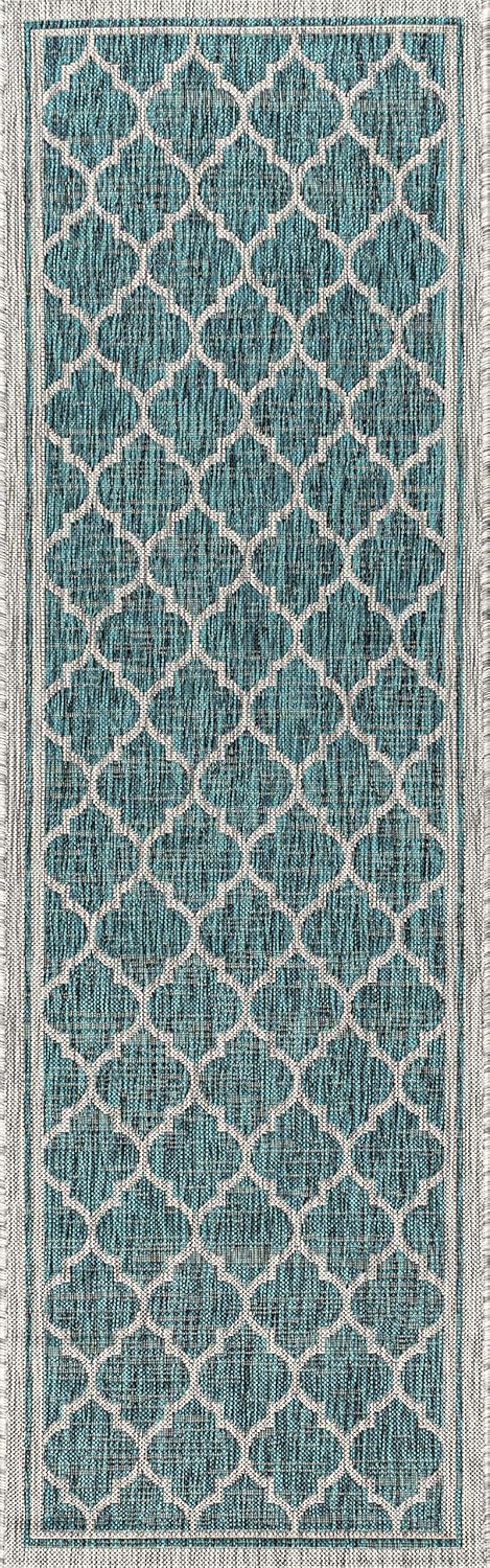Eyely BMS109E-28 Santa Monica Trebol Moroccan Trellis Textured Weave Indoor/Outdoor Runner Rug Coastal;Bohemian, Bedroom, Backyard, Patio, Easy-Cleaning, Non-Shedding, 2 X 8, Teal/Gray