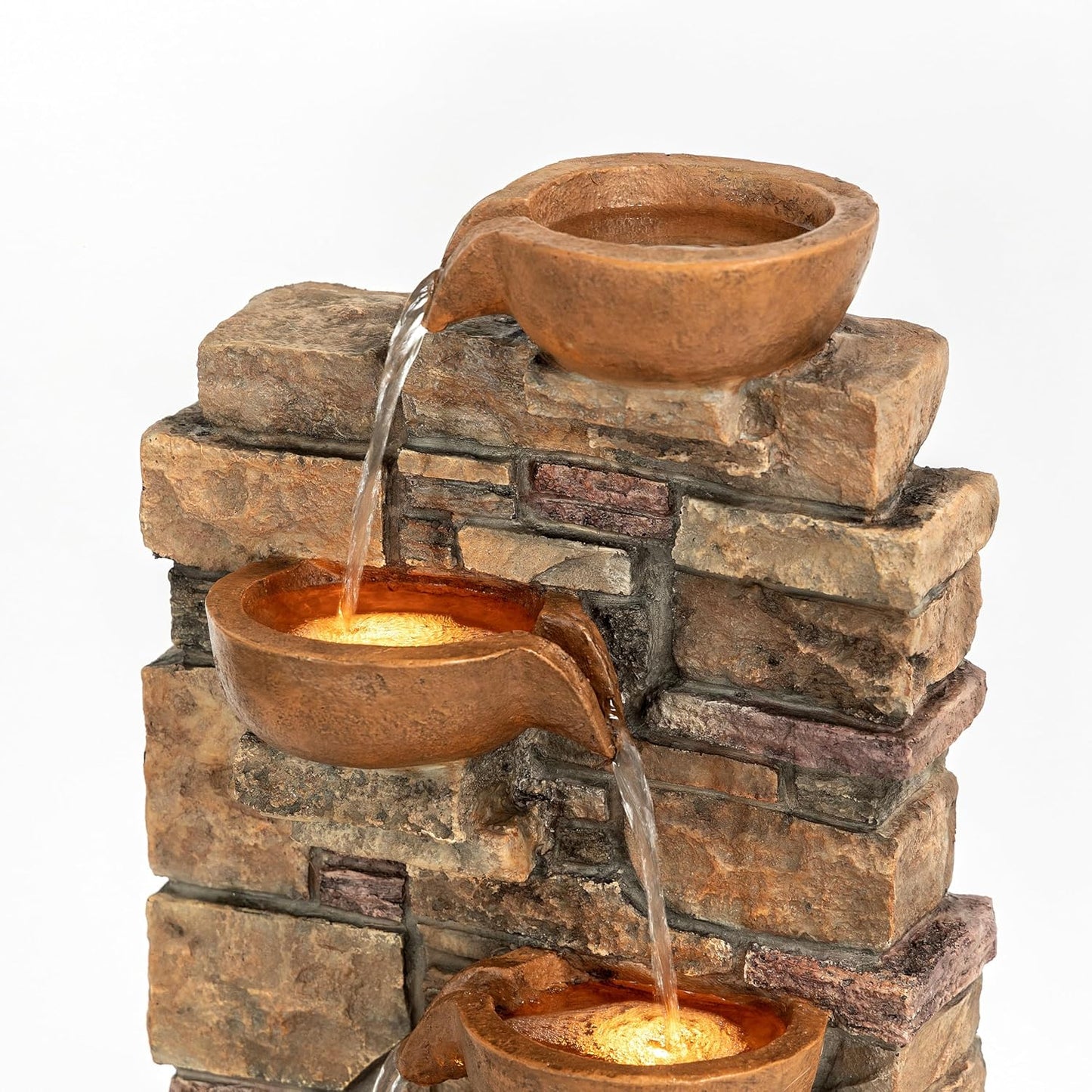 Teamson Home 28.5" Outdoor 4-Tier Stacked Stone Cascading Water Fountain with LED Lights, Brown