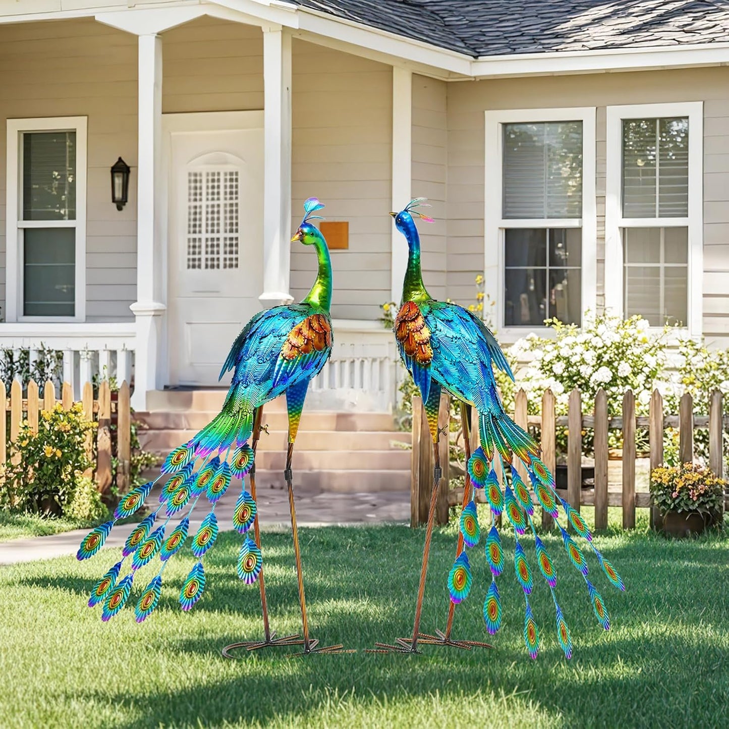 32" Metal Peacock Yard Decor - Handmade Oversize Peacock Sculptures with Stable Ground Stakes, Backyard Decoration, Metal Garden Art.