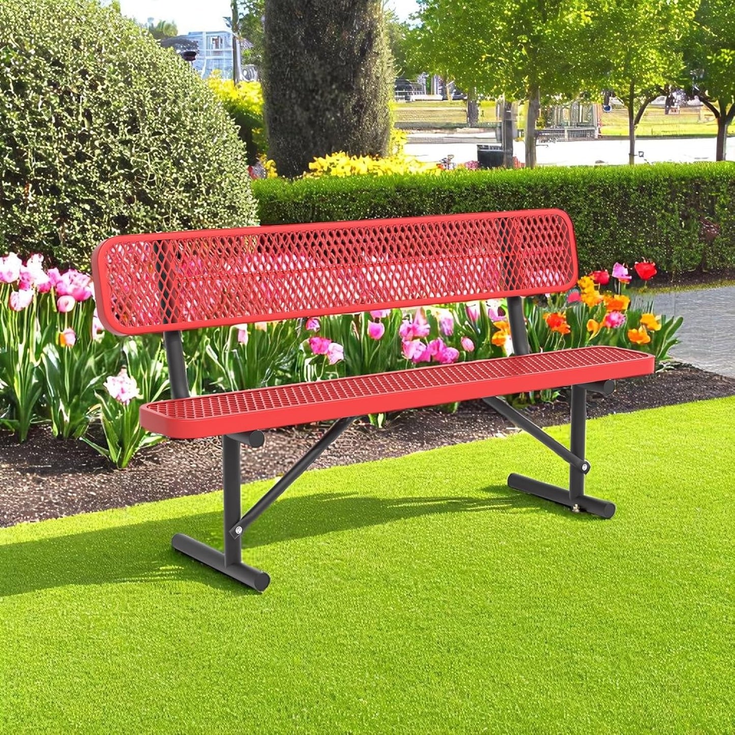 6FT Park Bench for Outside, Heavy-Duty Garden Bench W/ Back, Red Outdoor Metal Bench for Sitting Area, Commercial Bench for School Patio Porch Backyard Sports Church Locker Room Shopping Centers