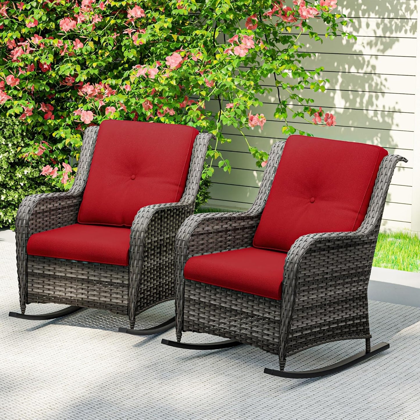 Outdoor Rocking Chair of 2, Wicker Patio Rocker Chair for Yard, Porch, Mixed Brown Grey Rattan, Red Cushions