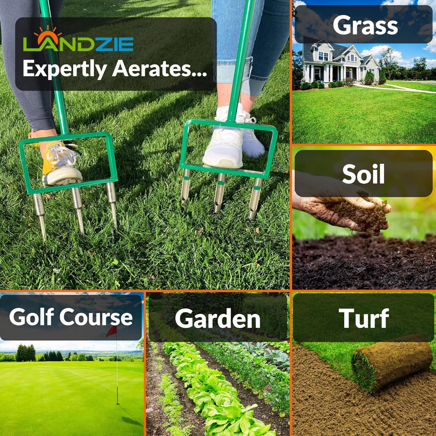 Landzie Hollow and Spike Tine Lawn Aerator Set - Includes 1 Aerator + Set of 3 Hollow Tines and 3 Spike Tines - 42 Inch Manual Stainless Steel Gardening Hand Tool - Grass Aerator Lawn Tool…