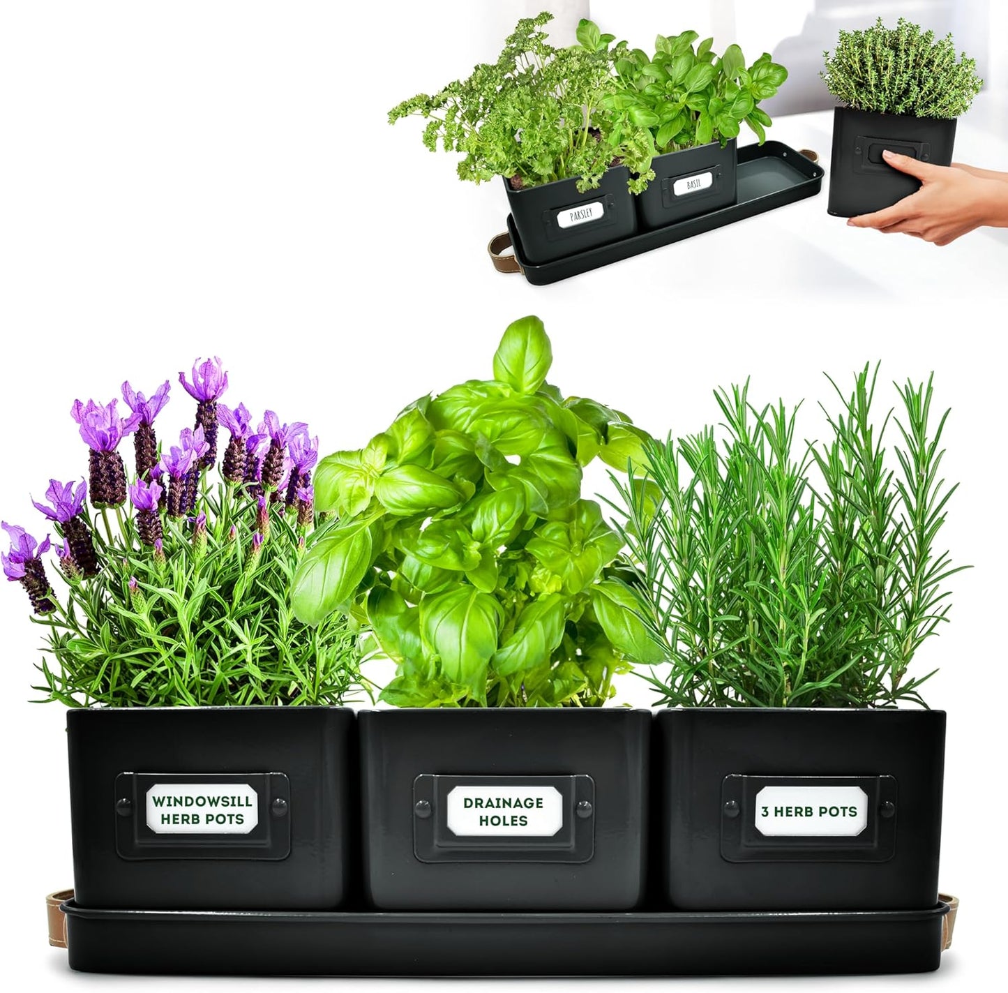 Herb Planter Indoor - Set of 3 Black Indoor Herb Garden Pots for Plants with Leather Handled Tray - Window Sill Plant Shelf - Pots with Drainage Holes and Labels