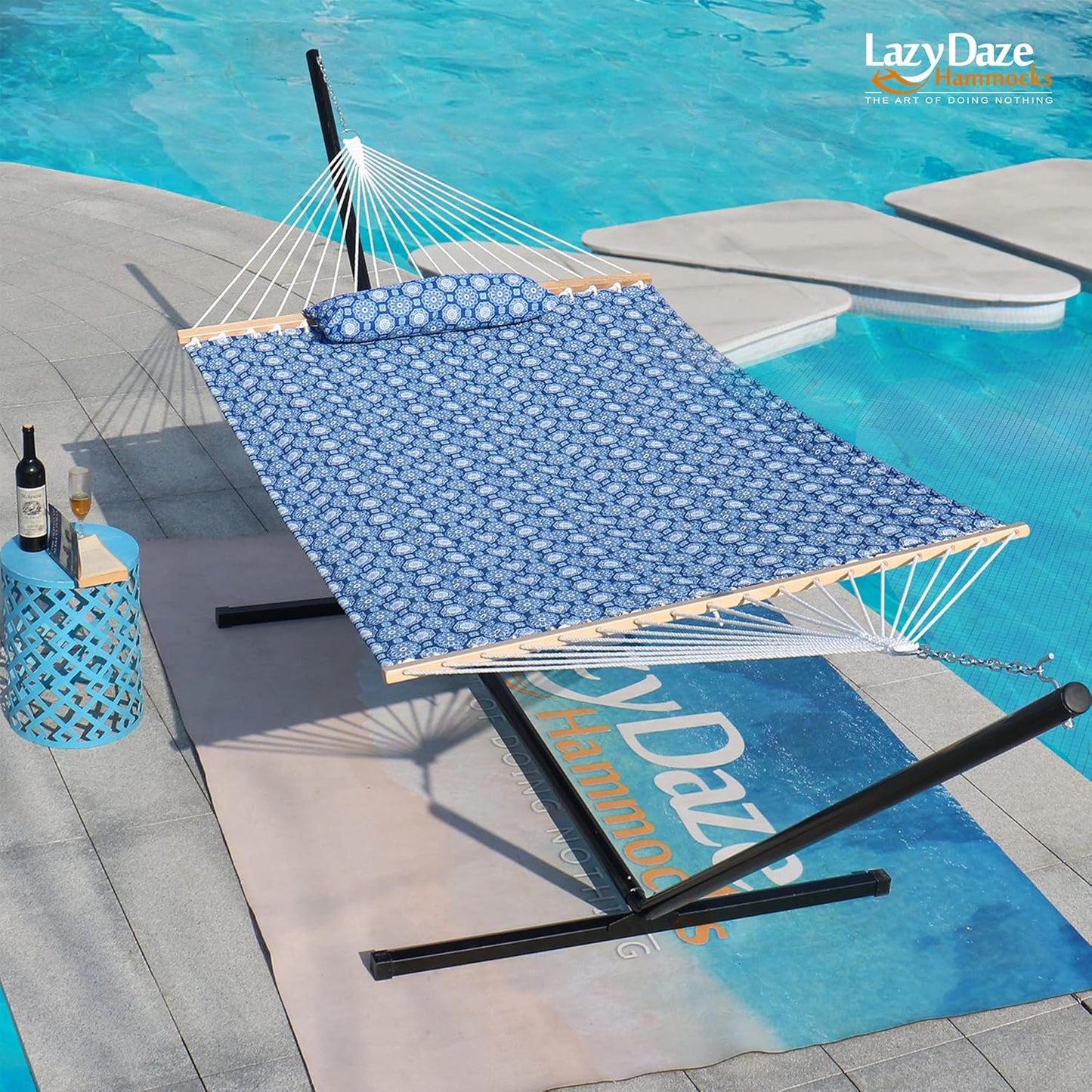 Lazy Daze Hammocks 12 FT Double Quilted Fabric Hammock with Spreader Bars and Detachable Pillow, 2 Person Hammock for Outdoor Patio Backyard Poolside, 450 LBS Weight Capacity, Blue Floral,HM003648